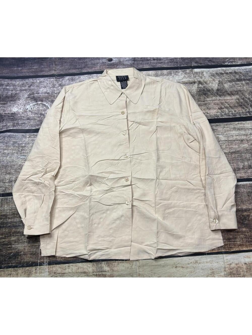 City Silk Top Womens Large 100% Silk Button Down Pocket Preppy